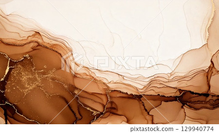 High-quality, thin, and light alcohol ink art in brown, with margins, 16:9 aspect ratio, and AI-generated material. 129940774