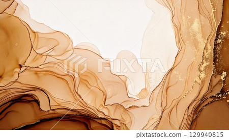 High-quality, thin, and light alcohol ink art in brown, with margins, 16:9 aspect ratio, and AI-generated material. 129940815