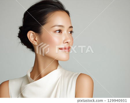 一位 30 多歲優雅女性在自然光下穿著白色絲綢連身裙的肖像 一位 30 多歲優雅女性在自然光下穿著白色絲綢連身裙的肖像 129940931