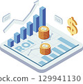 Isometric ROI Growth Chart with Coins and Rising Graph 129941130