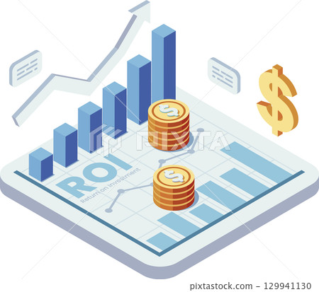 Isometric ROI Growth Chart with Coins and Rising Graph 129941130