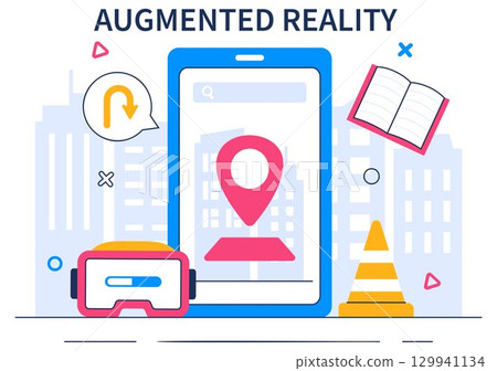 Augmented Reality Vector Illustration featuring Virtual Reality Technology, Gaming, and Education with a Headset and Interactive VR Touch Interface 129941134