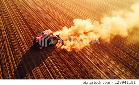 Aerial view of a red tractor plowing dry farmland at sunset, dramatic dust clouds rising above the field. Powerful image representing agriculture, farming technology, environment, and food production 129941191