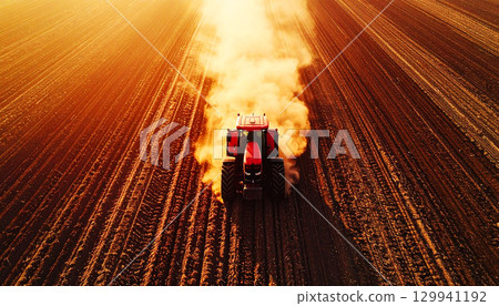 Aerial view of a red tractor plowing dry farmland at sunset, dramatic dust clouds rising above the field. Powerful image representing agriculture, farming technology, environment, and food production 129941192