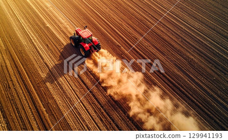 Aerial view of a red tractor plowing dry farmland at sunset, dramatic dust clouds rising above the field. Powerful image representing agriculture, farming technology, environment, and food production Aerial view of a red tractor plowing dry farmland at sunset, dramatic dust clouds rising above the field. Powerful image representing agriculture, farming technology, environment, and food production 129941193