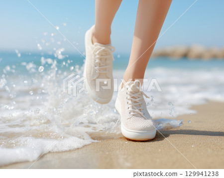 Image of a summer beach with splashes of water and white sneakers 129941238