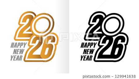 Happy New Year 2026 Typography Design in Gold and Black Happy New Year 2026 Typography Design in Gold and Black 129941638