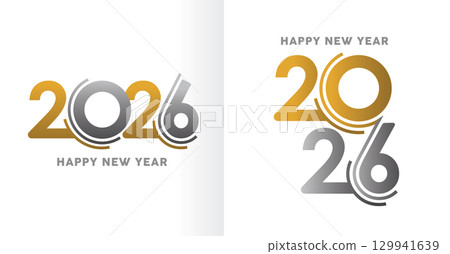 Happy New Year 2026 greeting, modern golden and silver numbers 129941639