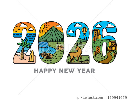 Happy New Year 2026 creative illustration with nature landscapes and travel scenes 129941659