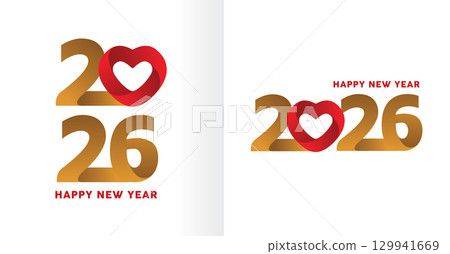 Happy New Year 2026 Celebration Design with Red Heart Symbol Happy New Year 2026 Celebration Design with Red Heart Symbol 129941669