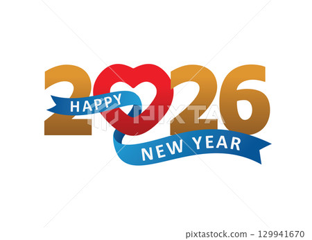 Happy New Year 2026 with Red Heart and Blue Ribbon Happy New Year 2026 with Red Heart and Blue Ribbon 129941670