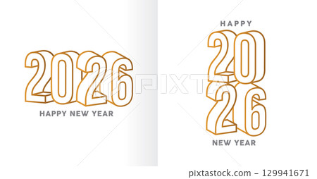 Happy New Year 2026 Golden 3D Outline Numbers 129941671