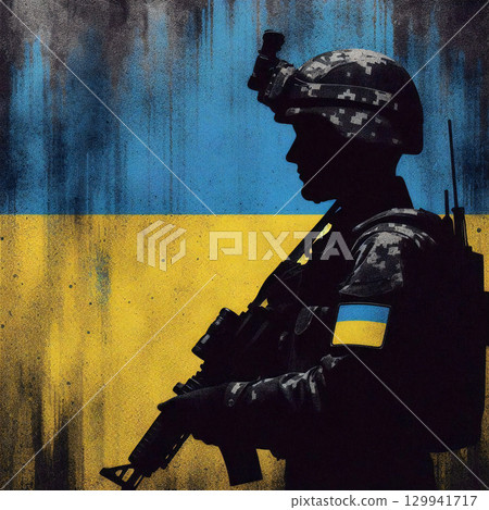 Banksy-style illustration of a Ukrainian soldier 129941717