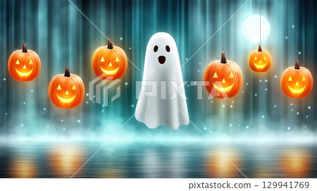 Floating ghost and glowing pumpkins over misty water with full moon in whimsical Halloween night scene 129941769