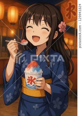 A girl in a yukata eating shaved ice at a summer festival 129941824