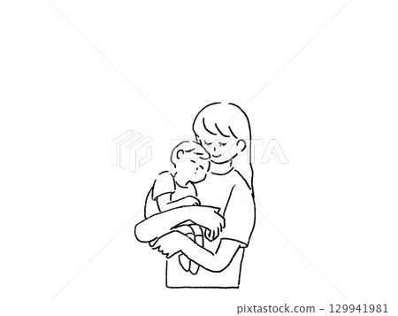 Woman hugging a little boy (child), mother, parent and child, line drawing Woman hugging a little boy (child), mother, parent and child, line drawing 129941981
