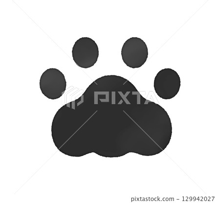 Hand-drawn black cat paw print - simple and cute stamp-like watercolor illustration of animal footprints 129942027