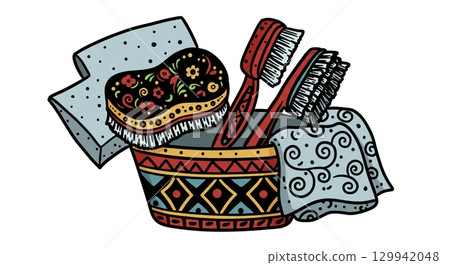 For your beloved car! Car wash tools painted in folk art style 129942048