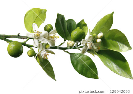 AI-generated item. Lemon branch with green leaves, white blossoms, and small unripe lemons. 129942093