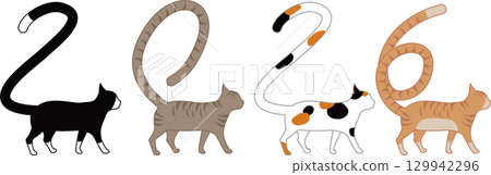 New Year's material / Simple cats with various patterns whose tails are shaped like "2026" 129942296