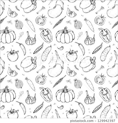 Seamless Pattern with Hand Drawn Vegetables 129942397