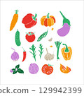 Hand drawn set colorful doodle vegetables in trendy organic style. Red and green pepper, hot chili, tomatoes, jalapeno, paprika, seeds, herbs. Vegetables cut in half, piece. Flat icons. Farm products 129942399