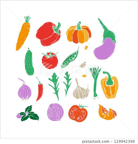 Hand drawn set colorful doodle vegetables in trendy organic style. Red and green pepper, hot chili, tomatoes, jalapeno, paprika, seeds, herbs. Vegetables cut in half, piece. Flat icons. Farm products 129942399