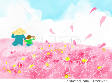母女在波斯菊田玩耍 母女在波斯菊田玩耍 129942450