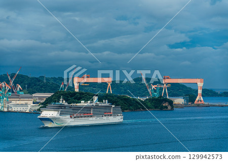 Nagasaki Port Cruise Ship (Adora Mediterranea) Arriving from Megami Bridge [Nagasaki City] 129942573