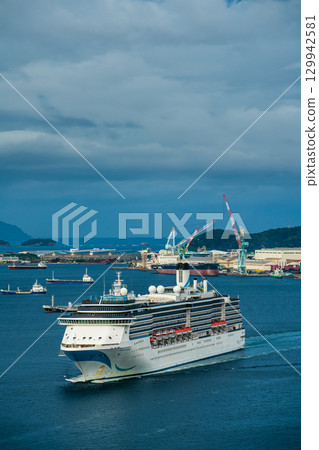 Nagasaki Port Cruise Ship (Adora Mediterranea) Arriving from Megami Bridge [Nagasaki City] 129942581