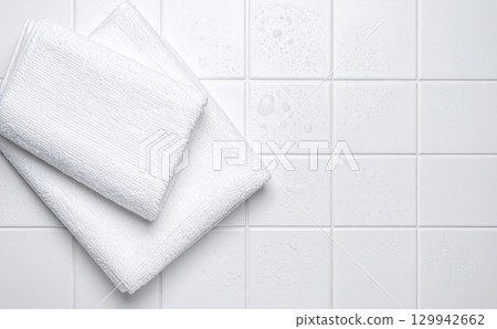 白毛巾和白瓷磚背景 129942662