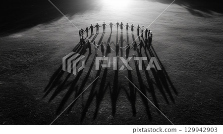 空中俯瞰,人們在地面上站成一個圓圈 空中俯瞰,人們在地面上站成一個圓圈 129942903