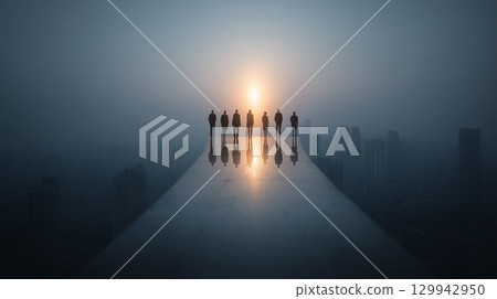 站在城市屋頂上的人們的輪廓和長長的影子 129942950