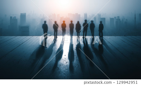 站在城市屋頂上的人們的輪廓和長長的影子 129942951
