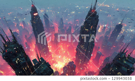 A fantasy landscape of a futuristic city shining red in the center of a group of skyscrapers 129943038