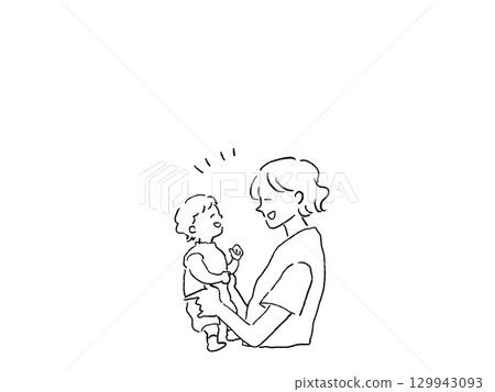 Profile of a woman holding a small child, mother, parent and child, line drawing 129943093
