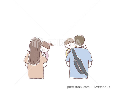Back view of a man and woman holding a small child (family, father, mother) Back view of a man and woman holding a small child (family, father, mother) 129943303