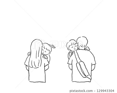 Back view of a man and woman holding a small child, (family, father, mother), line drawing Back view of a man and woman holding a small child, (family, father, mother), line drawing 129943304