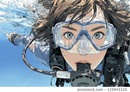 Miyu Series: Female diver swimming near the surface, looking at the camera Miyu Series: Female diver swimming near the surface, looking at the camera 129943328