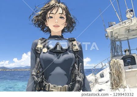 Miyu系列：抵達潛水點後微笑的女潛水員 129943332