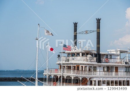 The tourist boat Michigan docked at Otsu Port on Lake Biwa The tourist boat Michigan docked at Otsu Port on Lake Biwa 129943499