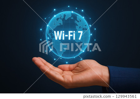 Hand holding glowing holographic globe labeled Wi Fi 7 with digital connection nodes, symbolizing next generation wireless technology and global 129943561