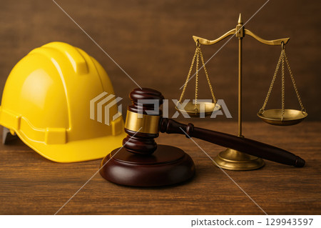 Yellow construction helmet, wooden judge gavel, and brass balance scale rustic wood table symbolize legal compliance occupational safety Yellow construction helmet, wooden judge gavel, and brass balance scale rustic wood table symbolize legal compliance occupational safety 129943597