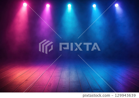 Colorful stage lights illuminate wooden floor, creating vibrant atmosphere with purple and blue haze, perfect for concerts and performances 129943639
