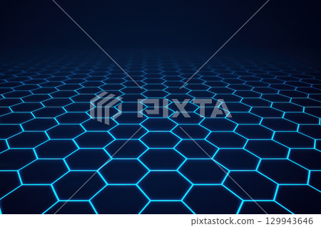 Futuristic glowing hexagonal grid floor with neon blue lines creates abstract digital network technology background, evoking depth and perspective Futuristic glowing hexagonal grid floor with neon blue lines creates abstract digital network technology background, evoking depth and perspective 129943646