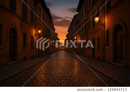 European cobblestone street at sunset warm lamplight illuminating historic buildings charming old town atmosphere cinematic cityscape 129943713