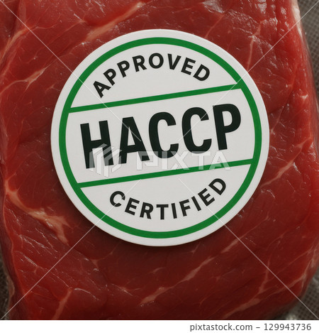 HACCP approved label on fresh red meat package showing food safety certification for quality assurance and hygiene control HACCP approved label on fresh red meat package showing food safety certification for quality assurance and hygiene control 129943736