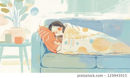 Illustration of a woman sleeping wrapped in a blanket 129943915