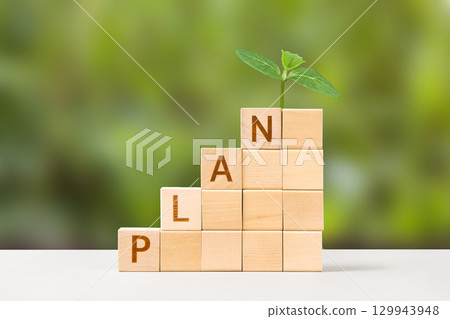 Wooden cubes with the words plan and young green seedling symbolizes are business progress, symbol of success, strategic development of a company, startup. Business concept Wooden cubes with the words plan and young green seedling symbolizes are business progress, symbol of success, strategic development of a company, startup. Business concept 129943948