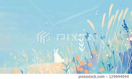 Illustration of a white rabbit sitting in a field Illustration of a white rabbit sitting in a field 129944044